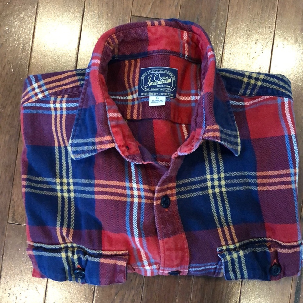 J. Crew flannel shirt. Red, navy. Small. Sporting goods